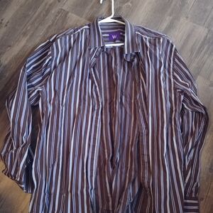 Brown and White Striped Button-Up Shirt